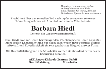 Traueranzeige von Barbara Hiedl von MERKUR & TZ