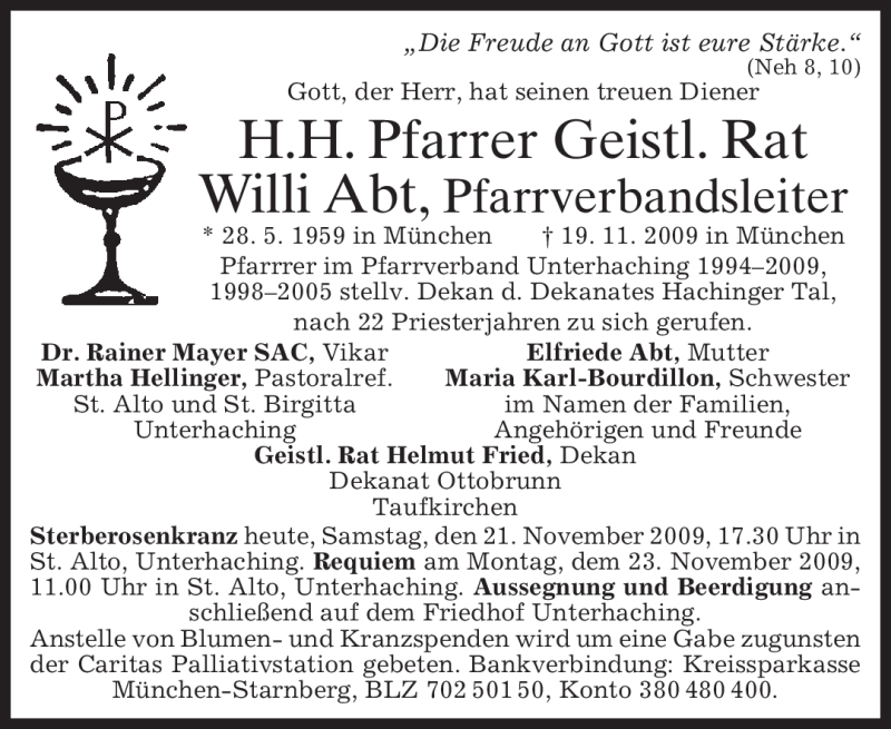  Traueranzeige für Willi Abt vom 21.11.2009 aus MERKUR & TZ