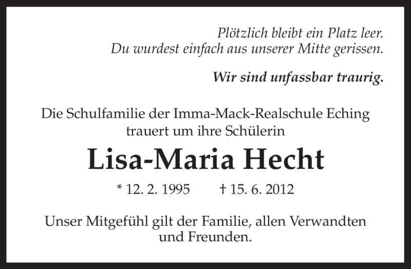  Traueranzeige für Lisa-Maria Hecht vom 19.06.2012 aus MERKUR & TZ