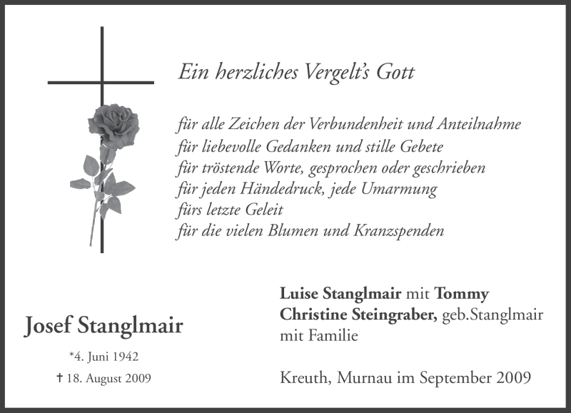  Traueranzeige für Josef Stanglmair vom 05.09.2009 aus MERKUR & TZ