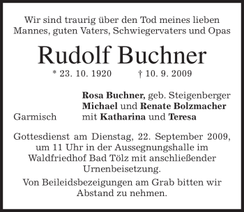 Traueranzeige von Rudolf Buchner von MERKUR & TZ