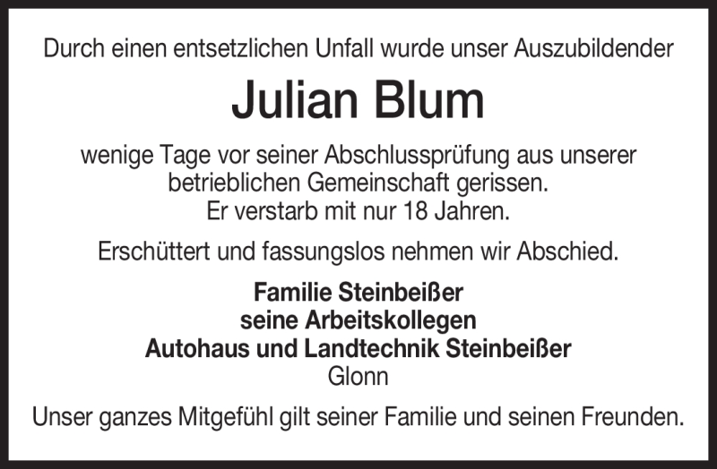  Traueranzeige für Julian Blum vom 23.06.2012 aus MERKUR & TZ