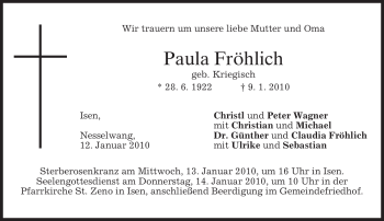 Traueranzeige von Paula Fröhlich von MERKUR & TZ