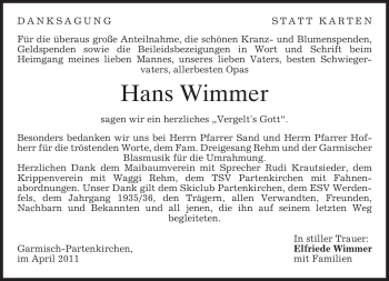 Traueranzeige von Hans Wimmer von MERKUR & TZ