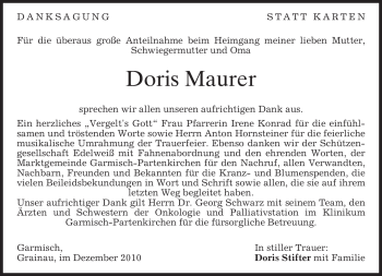 Traueranzeige von Doris Maurer von MERKUR & TZ