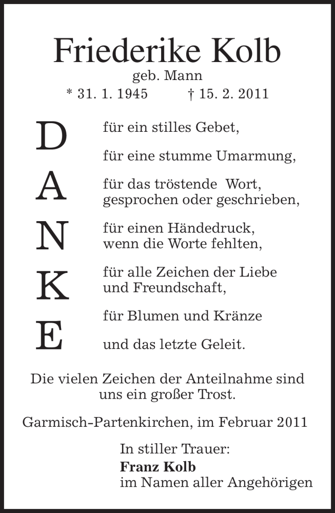  Traueranzeige für Friederike Kolb vom 26.02.2011 aus MERKUR & TZ