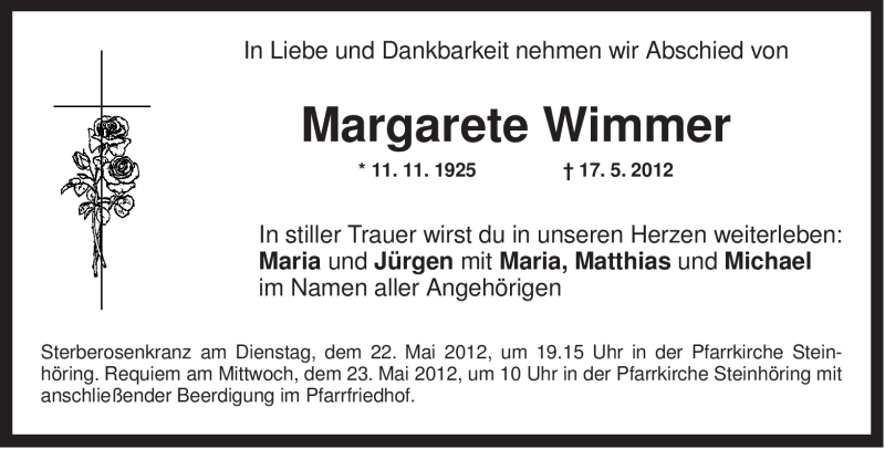  Traueranzeige für Margarete Wimmer vom 19.05.2012 aus MERKUR & TZ