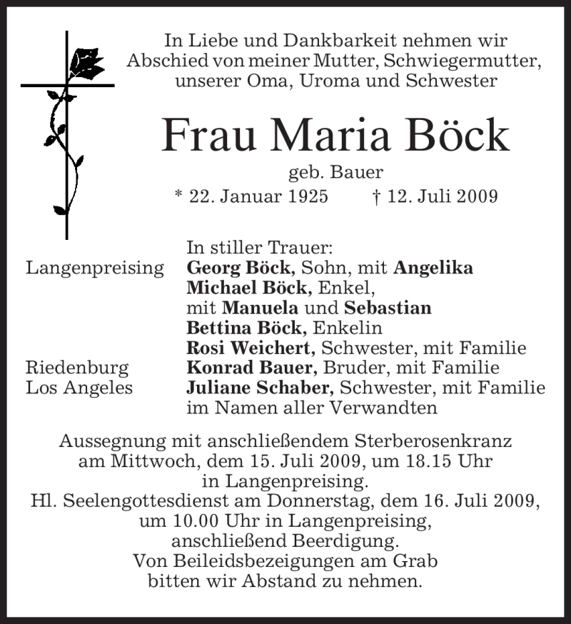  Traueranzeige für Maria Böck vom 14.07.2009 aus MERKUR & TZ