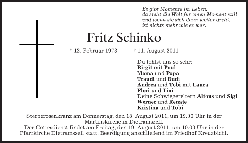  Traueranzeige für Fritz Schinko vom 17.08.2011 aus MERKUR & TZ