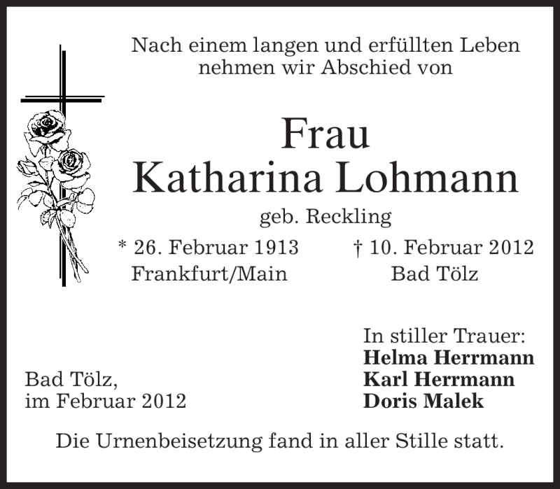 Traueranzeige für Katharina Lohmann vom 22.02.2012 aus MERKUR & TZ