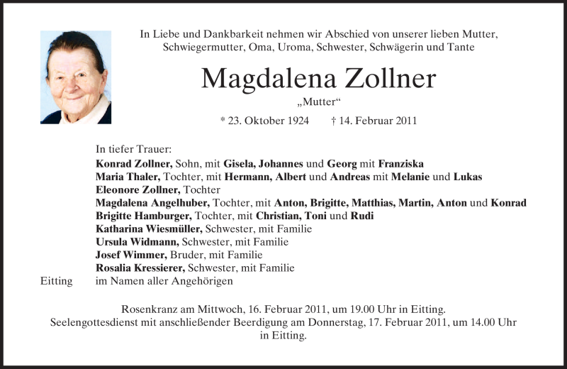  Traueranzeige für Magdalena Zollner vom 15.02.2011 aus MERKUR & TZ