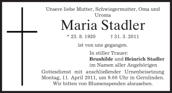 Traueranzeige von Maria Stadler von MERKUR & TZ