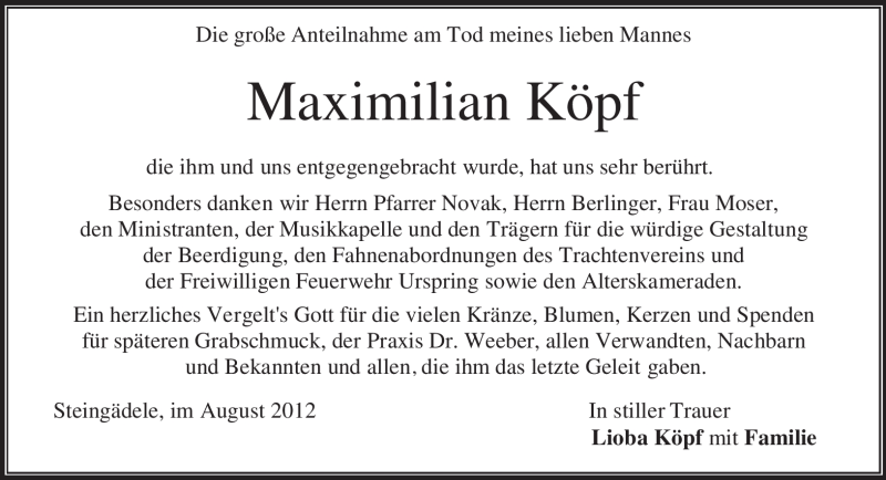  Traueranzeige für Maximilian Köpf vom 28.08.2012 aus merkurtz
