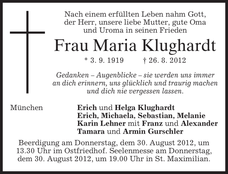  Traueranzeige für Maria Klughardt vom 28.08.2012 aus merkurtz