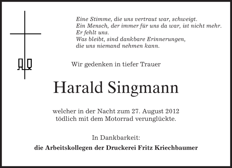  Traueranzeige für Harald Singmann vom 31.08.2012 aus merkurtz