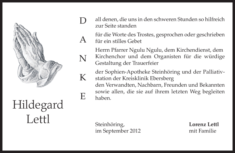  Traueranzeige für Hildegard Lettl vom 01.09.2012 aus merkurtz