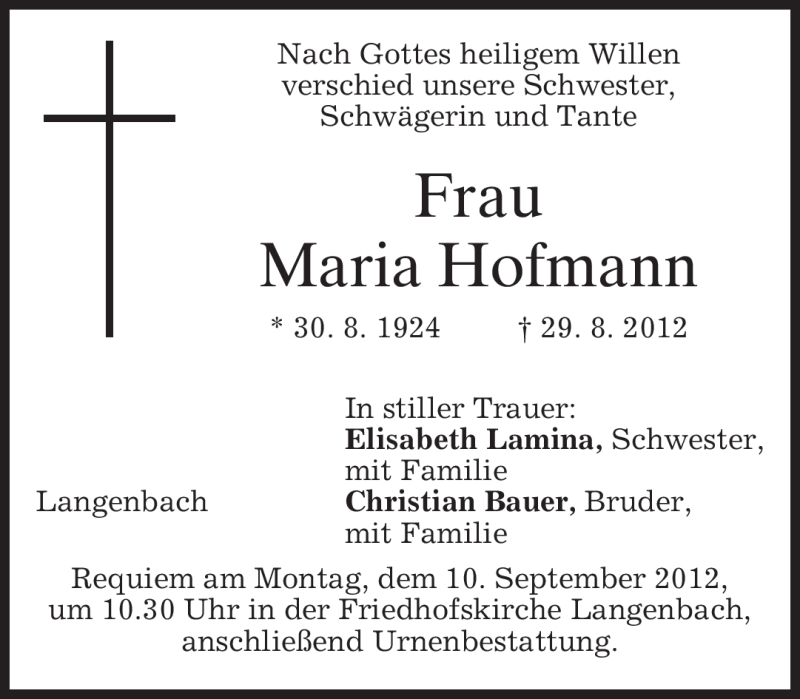  Traueranzeige für Maria Hofmann vom 07.09.2012 aus merkurtz