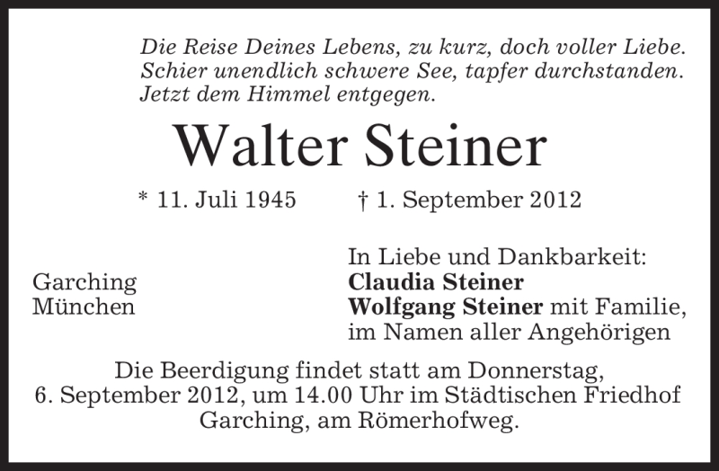  Traueranzeige für Walter Steiner vom 04.09.2012 aus merkurtz