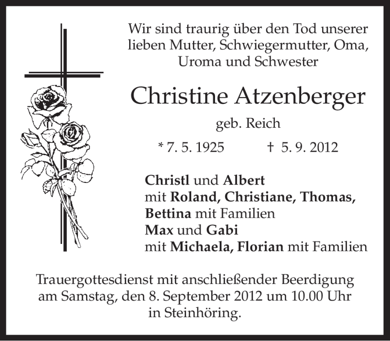  Traueranzeige für Christine Atzenberger vom 06.09.2012 aus merkurtz