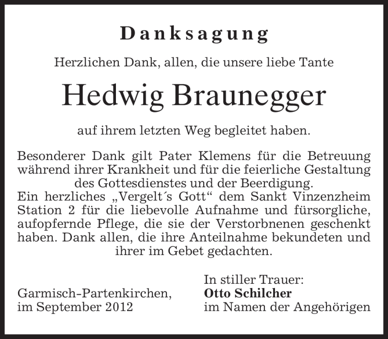  Traueranzeige für Hedwig Braunegger vom 08.09.2012 aus merkurtz