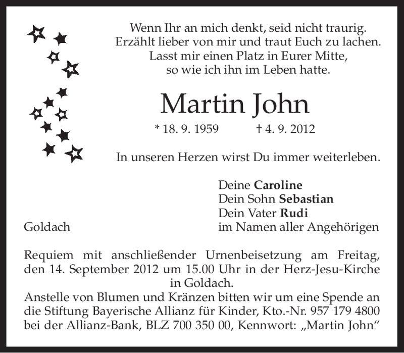  Traueranzeige für Martin John vom 08.09.2012 aus merkurtz