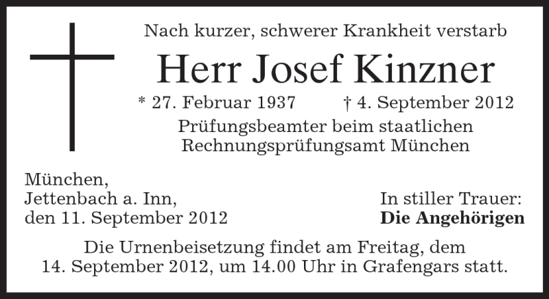  Traueranzeige für Josef Kinzner vom 12.09.2012 aus Münchener Merkur