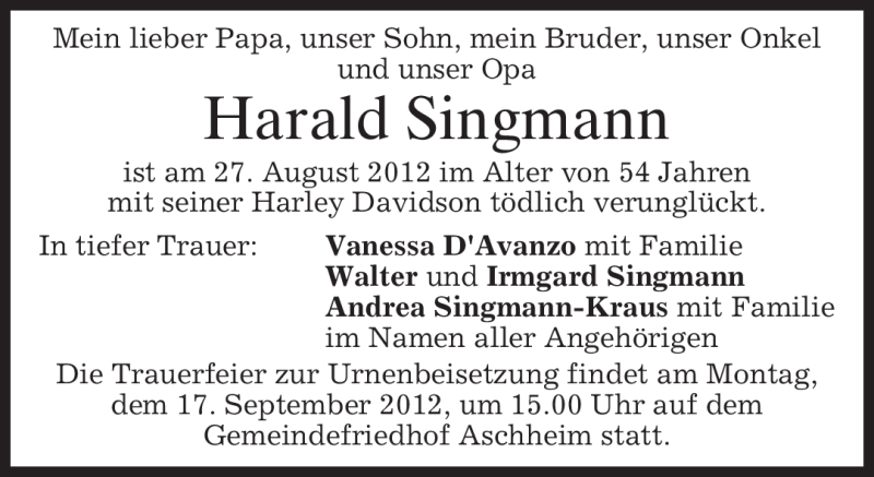  Traueranzeige für Harald Singmann vom 13.09.2012 aus merkurtz