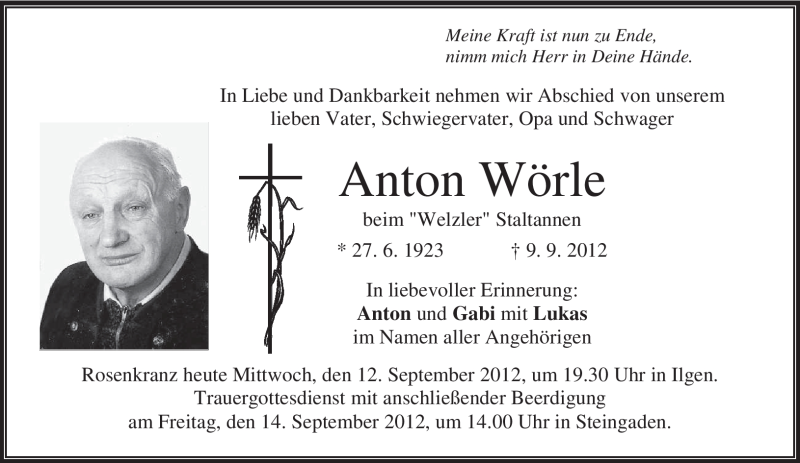  Traueranzeige für Anton Wörle vom 12.09.2012 aus merkurtz