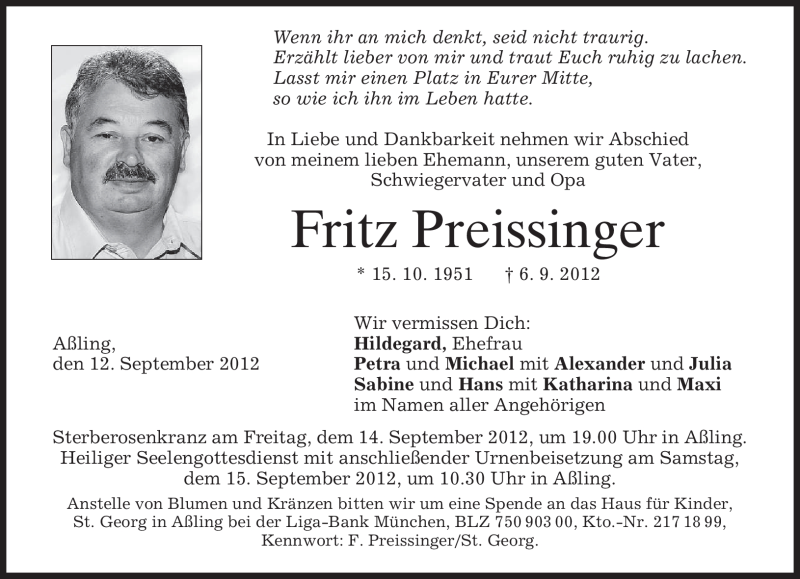  Traueranzeige für Fritz Preissinger vom 12.09.2012 aus merkurtz