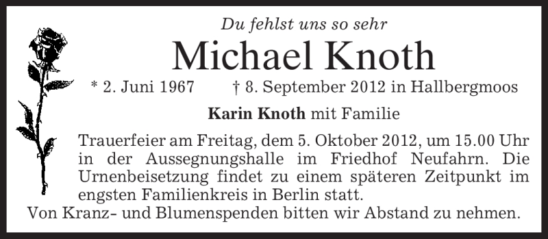  Traueranzeige für Michael Knoth vom 15.09.2012 aus merkurtz