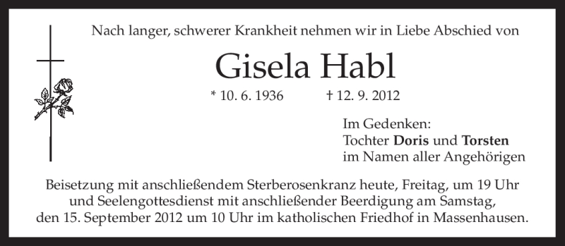  Traueranzeige für Gisela Habl vom 14.09.2012 aus merkurtz