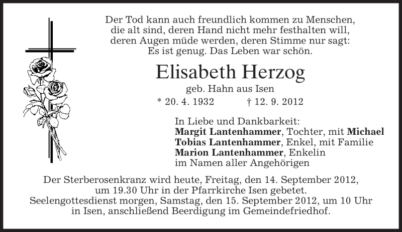  Traueranzeige für Elisabeth Herzog vom 14.09.2012 aus merkurtz