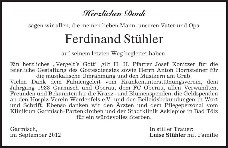  Traueranzeige für Ferdinand Stühler vom 15.09.2012 aus merkurtz