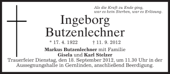 Traueranzeige von Ingeborg Butzenlechner von merkurtz
