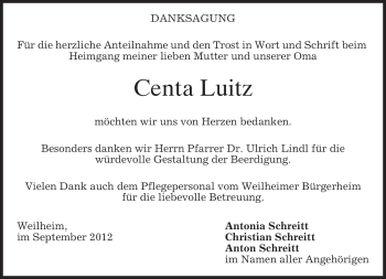 Traueranzeige von Centa Luitz von merkurtz