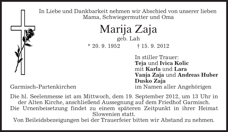  Traueranzeige für Marija Zaja vom 18.09.2012 aus merkurtz