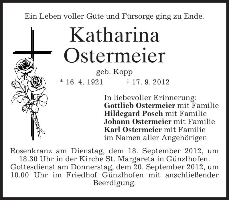  Traueranzeige für Katharina Ostermeier vom 18.09.2012 aus merkurtz
