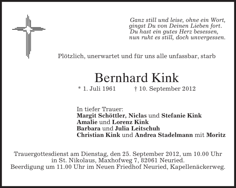 Traueranzeige für Bernhard Kink vom 20.09.2012 aus merkurtz