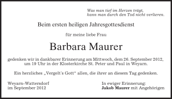 Traueranzeige von Barbara Maurer von merkurtz