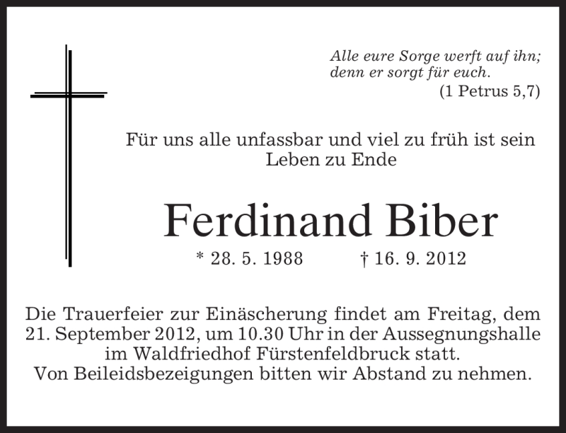  Traueranzeige für Ferdinand Biber vom 20.09.2012 aus merkurtz