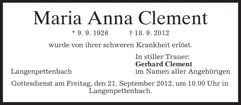  Traueranzeige für Maria Anna Clement vom 20.09.2012 aus merkurtz