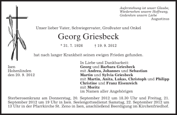 Traueranzeige von Georg Griesbeck von merkurtz