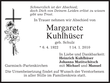 Traueranzeige von Margarete Kuhlhüser von MERKUR & TZ
