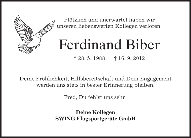  Traueranzeige für Ferdinand Biber vom 21.09.2012 aus merkurtz