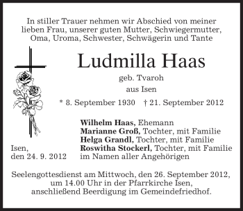 Traueranzeige von Ludmilla Haas von merkurtz
