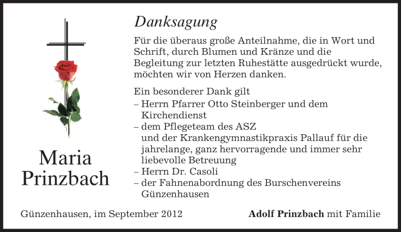  Traueranzeige für Maria Prinzbach vom 29.09.2012 aus merkurtz