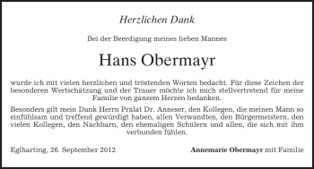 Traueranzeige von Hans Obermayr von merkurtz