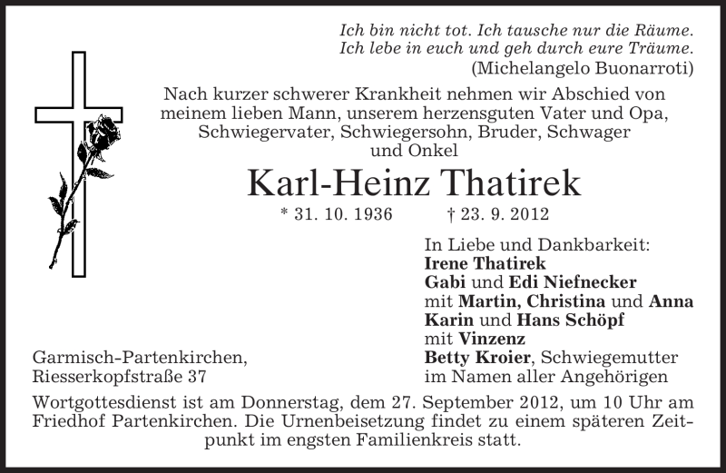  Traueranzeige für Karl-Heinz Thatirek vom 26.09.2012 aus merkurtz