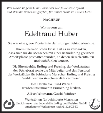 Traueranzeige von Edeltraud Huber von merkurtz