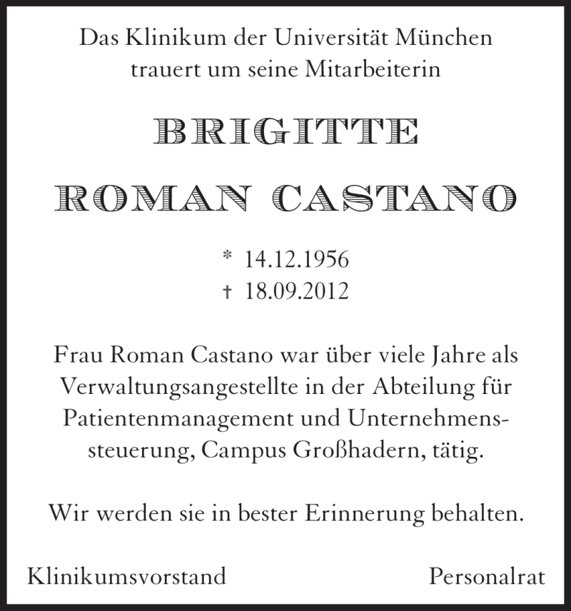  Traueranzeige für Brigitte Roman Castano vom 26.09.2012 aus merkurtz